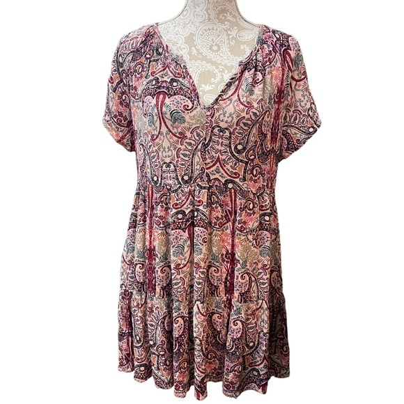 NWOT KNOX ROSE Flutter Short Sleeve Tiered Dress Crinkle Scroll Print Medium - Picture 3 of 10